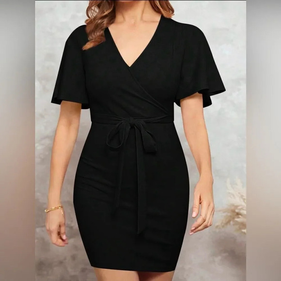 SHEIN Clasi Surplice Neck Butterfly Sleeve Belted Bodycon Dress - Picture 4 of 7